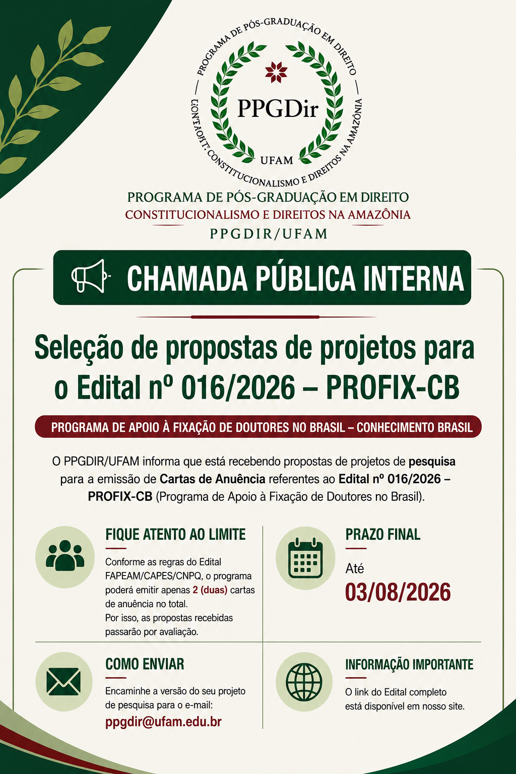 Chamada Pública Interna - Seleção de propostas de projetos para o Edital n° 016/2026 - PROFIX-CB